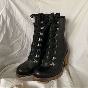 UGG black leather heeled combat boots